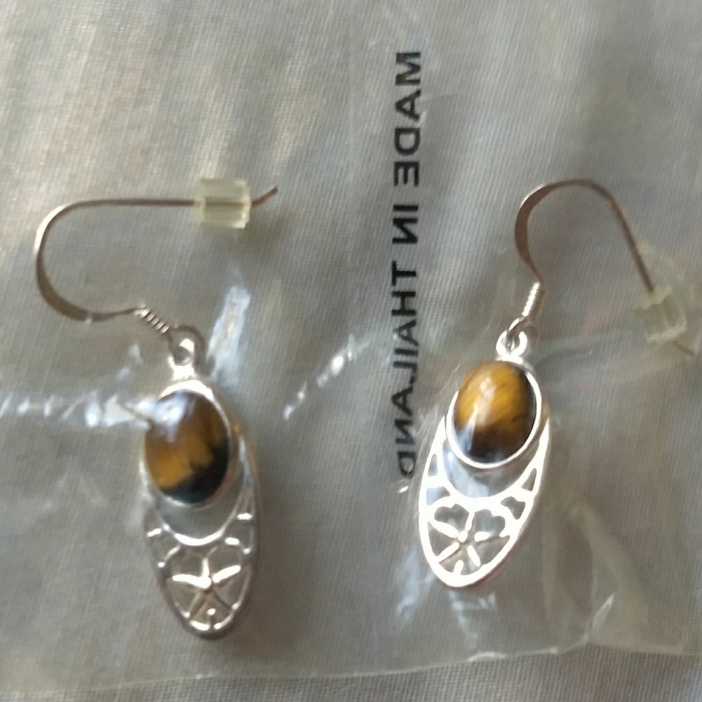 Tiger's eye 925 rj stamped hook earrings *3/$30 Sale*